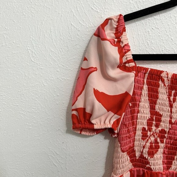 Ann Taylor Petite Floral Smocked Bodice Flare Dress Pink Red Size PS Puff Sleeve - Picture 4 of 10